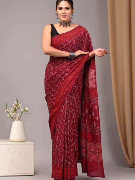 Cotton Mull Block Printed Saree CCTHA0004