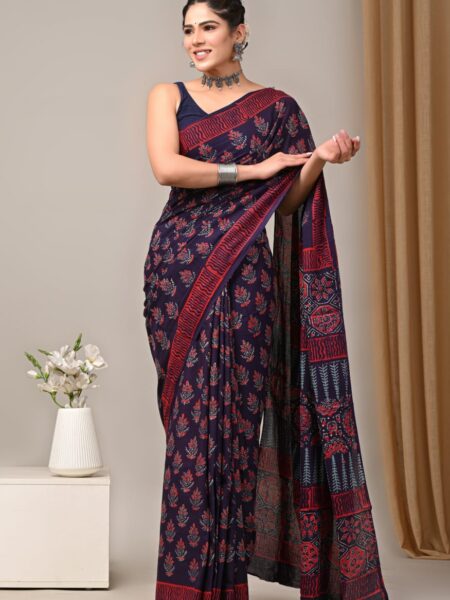 Cotton Mull Block Printed Saree CCTHA0009