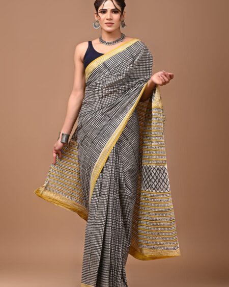 Cotton Mull Block Printed Saree CCTHA0010