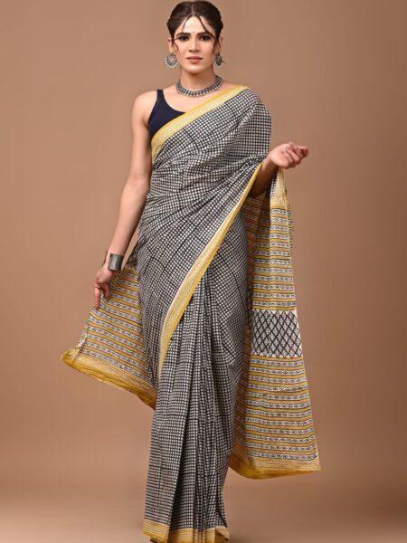 Cotton Mull Block Printed Saree CCTHA0010