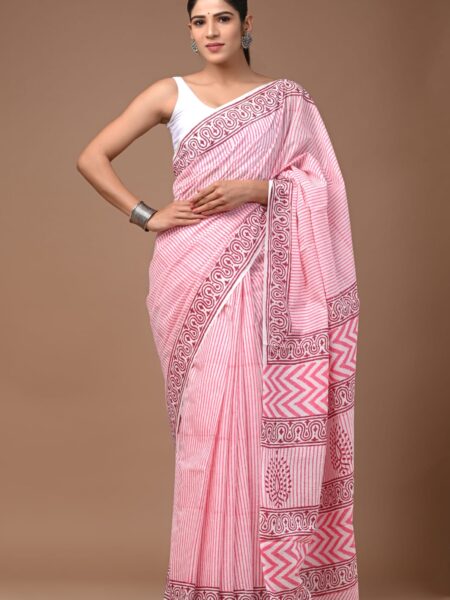 Cotton Mull Block Printed Saree CCTHA0011