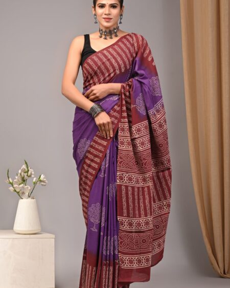 Cotton Mull Block Printed Saree CCTHA0013