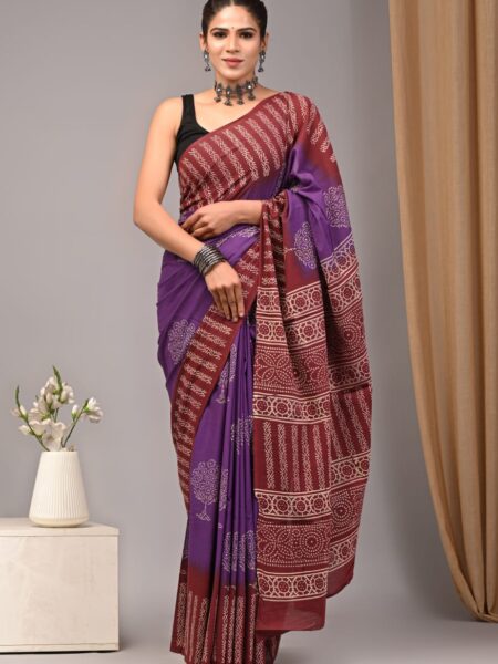 Cotton Mull Block Printed Saree CCTHA0013