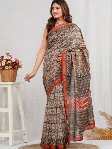 Hand Block Printed Maheshwari Silk Saree MCHA00001