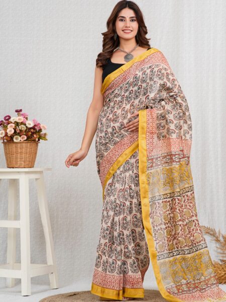 Hand Block Printed Maheshwari Silk Saree CMHA00002