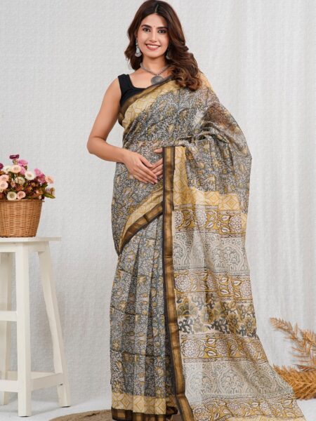 Hand Block Printed Maheshwari Silk Saree CMHA00004