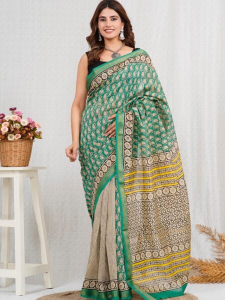 Hand Block Printed Maheshwari Silk Saree CMHA00005