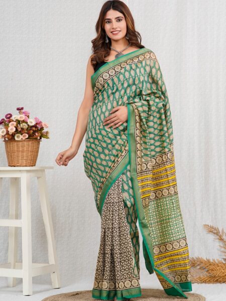 Hand Block Printed Maheshwari Silk Saree CMHA00006