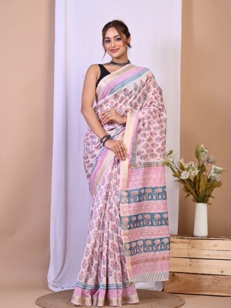 Hand Block Printed Maheshwari Silk Saree CMHA00007