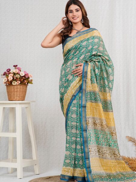 Hand Block Printed Maheshwari Silk Saree CMHA00008