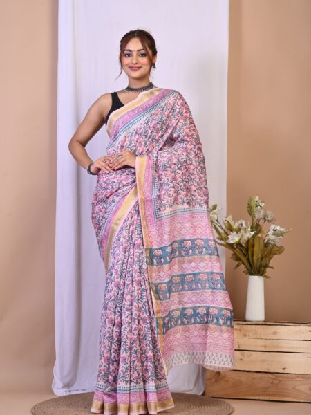 Hand Block Printed Maheshwari Silk Saree CMHA00009