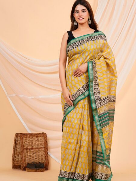 Hand Block Printed Maheshwari Silk Saree CMHA00010