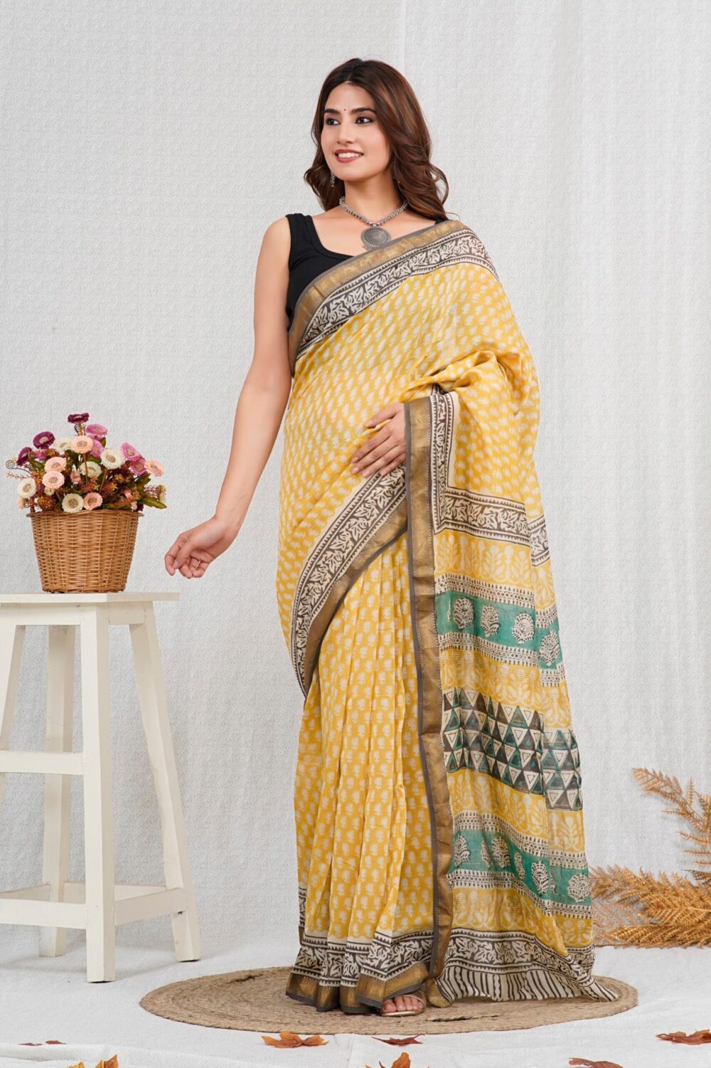 Hand Block Printed Maheshwari Silk Saree CMHA00003