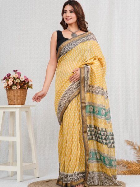 Hand Block Printed Maheshwari Silk Saree CMHA00011