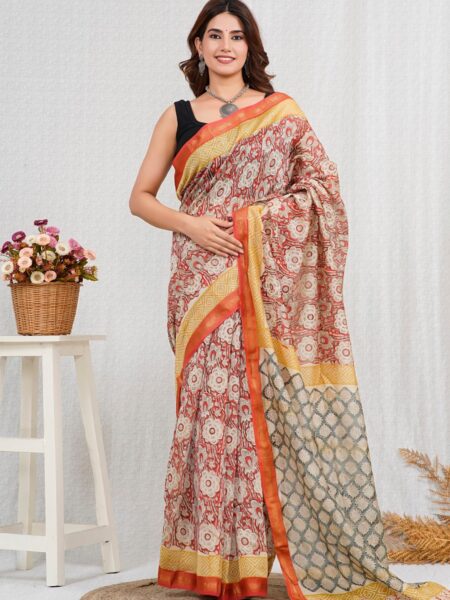 Hand Block Printed Maheshwari Silk Saree CMHA00012