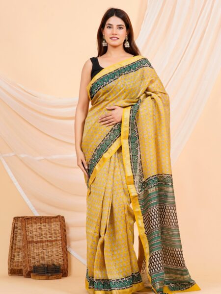 Hand Block Printed Maheshwari Silk Saree CMHA00013