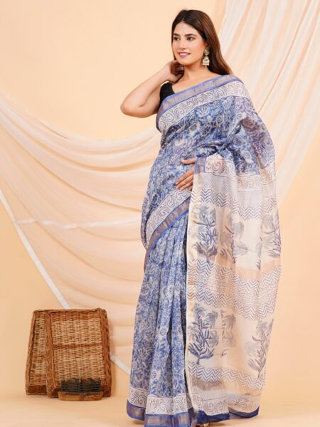 Hand Block Printed Maheshwari Silk Saree CMHA00014