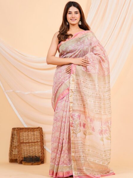 Hand Block Printed Maheshwari Silk Saree CMHA00015