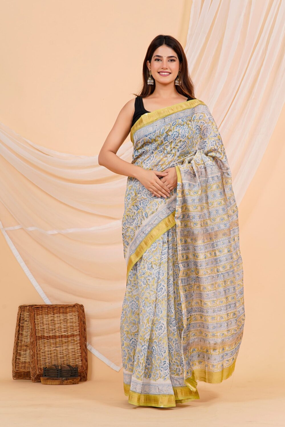 Hand Block Printed Maheshwari Silk Saree CMHA00016