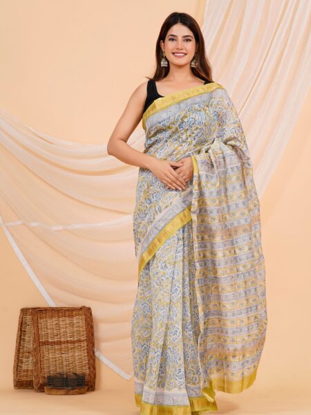 Hand Block Printed Maheshwari Silk Saree CMHA00016