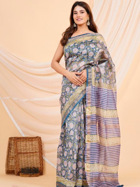 Hand Block Printed Maheshwari Silk Saree CMHA00017