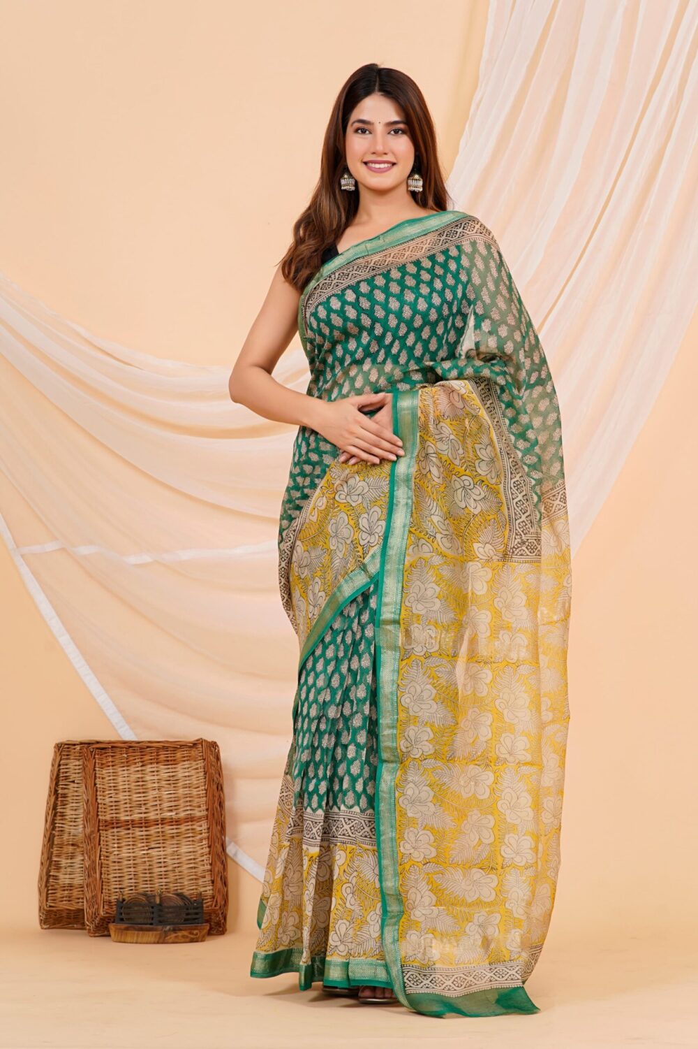 Hand Block Printed Maheshwari Silk Saree CMHA00019
