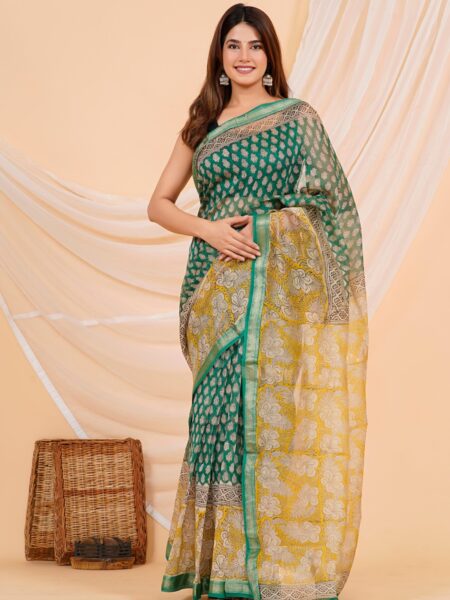 Hand Block Printed Maheshwari Silk Saree CMHA00019