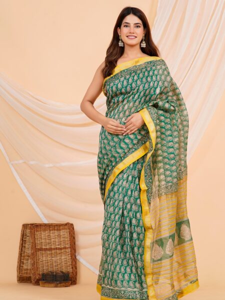 Hand Block Printed Maheshwari Silk Saree CMHA00020