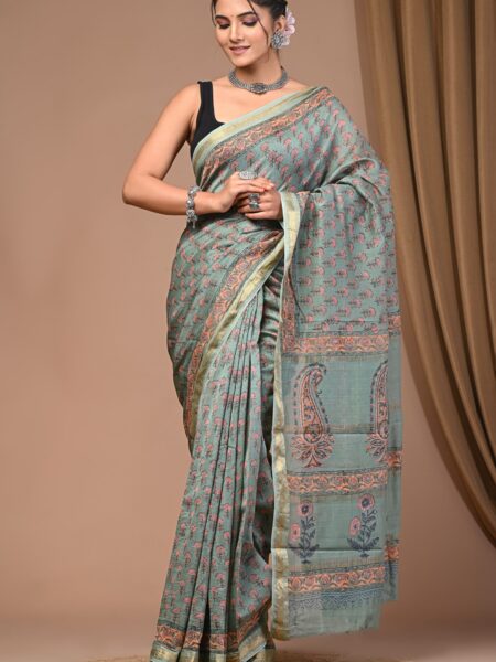 Hand Block Printed Maheshwari Silk Saree CMHA00021