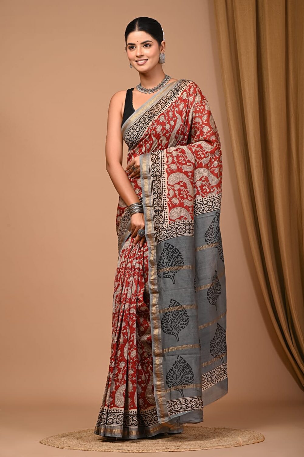Hand Block Printed Maheshwari Silk Saree CMHA00022