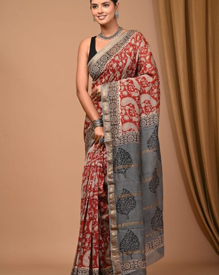 Hand Block Printed Maheshwari Silk Saree CMHA00022