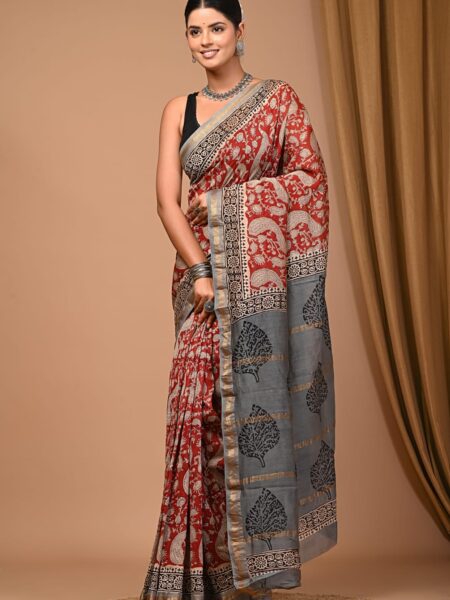 Hand Block Printed Maheshwari Silk Saree CMHA00022