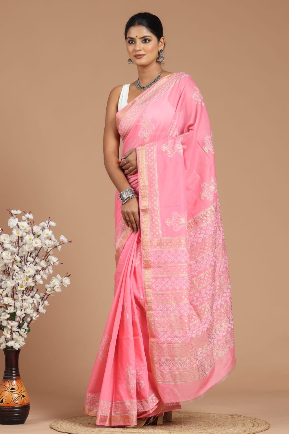 Hand Block Printed Maheshwari Silk Saree CMHA00023