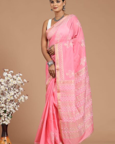 Hand Block Printed Maheshwari Silk Saree CMHA00023