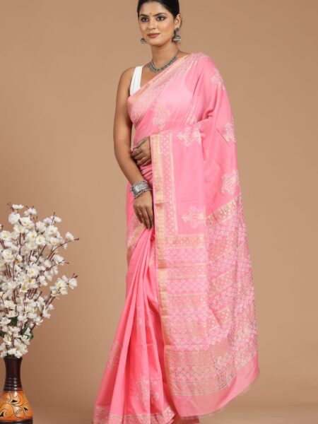 Hand Block Printed Maheshwari Silk Saree CMHA00023