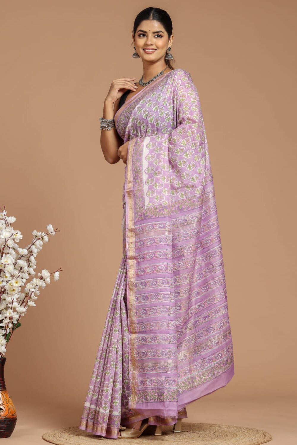 Hand Block Printed Maheshwari Silk Saree CMHA00024
