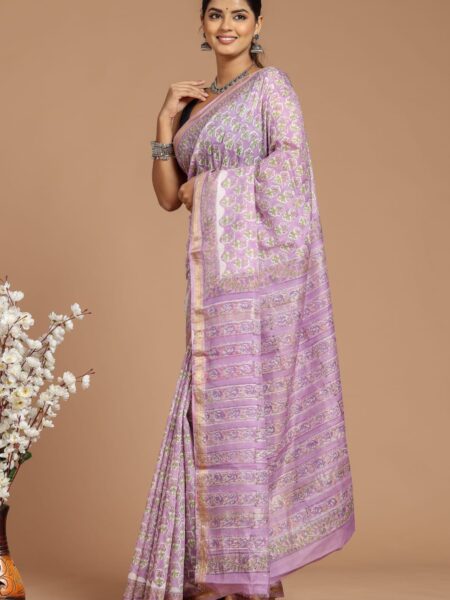 Hand Block Printed Maheshwari Silk Saree CMHA00024