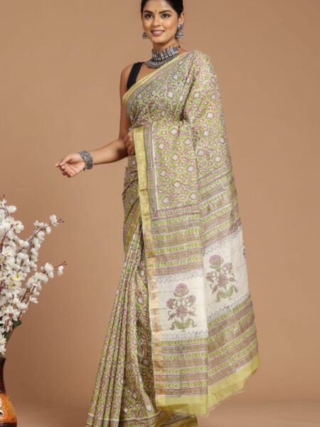 Hand Block Printed Maheshwari Silk Saree CMHA00025