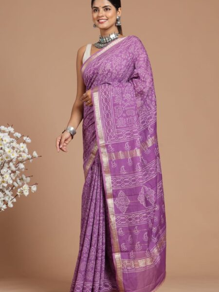 Hand Block Printed Maheshwari Silk Saree CMHA00026