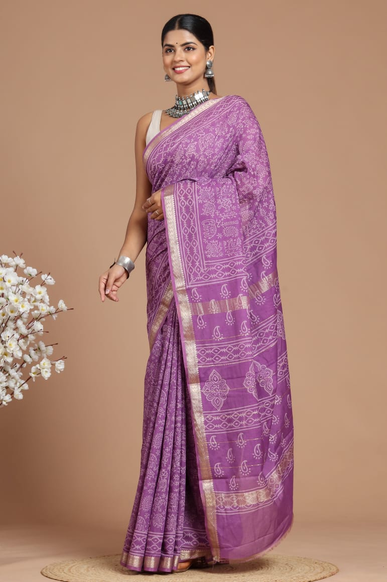 Hand Block Printed Maheshwari Silk Saree CMHA00026