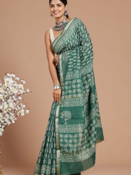 Hand Block Printed Maheshwari Silk Saree CMHA00027