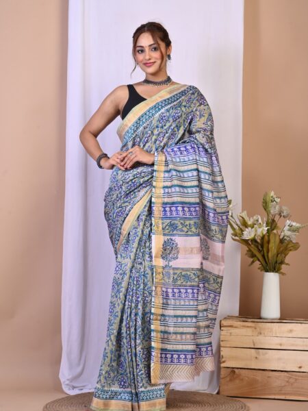 Hand Block Printed Maheshwari Silk Saree CMHA00029