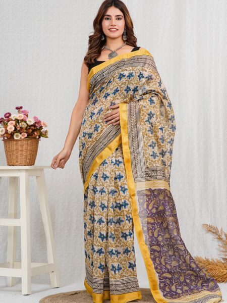 Hand Block Printed Maheshwari Silk Saree CMHA00030