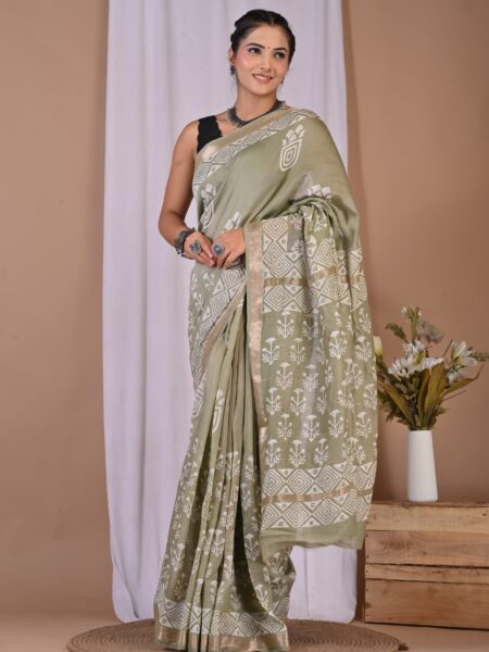 Hand Block Printed Maheshwari Silk Saree CMHA00031