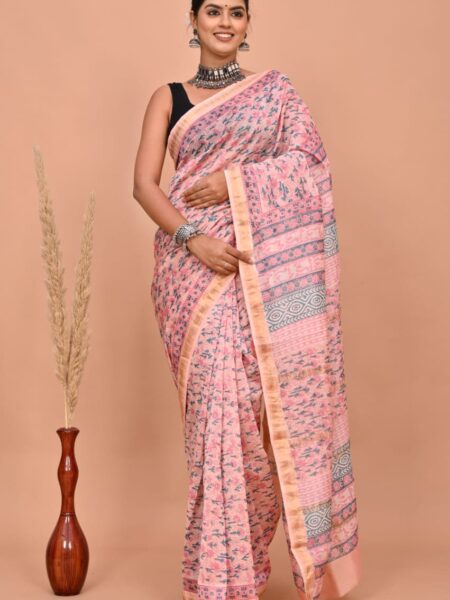 Hand Block Printed Maheshwari Silk Saree CMHA00032