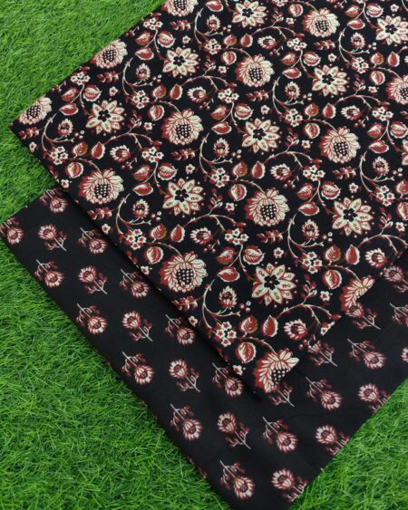 Black and Beige Floral Sanganeri Hand Printed Fabric Combo