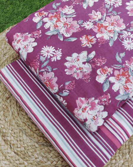 Purple Floral and Stripes Cotton Fabric Combo